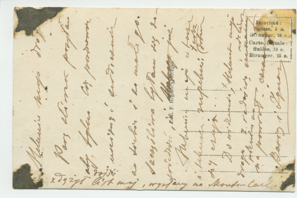 Carte postale avec légende représentant la «villa Paderewski» de Riond-Bosson depuis le sud (de face) – éditée par F. Regamey à Morges – avec au verso message en polonais rédigé vraisemblablement par Barbara et son fils Ignace Obuchowicz