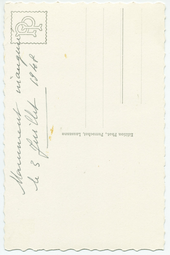 Carte postale de la statue de Paderewski (vue d'angle) sise dans le Parc de Seigneux à Morges, réalisée par Milo Martin et inaugurée le 3 juillet 1948 – photographie noir-blanc de profil – éditée par Perrochet à Lausanne