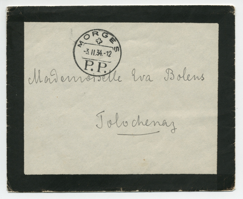 Carte (avec enveloppe) adressée par Paderewski à Eva Bolens, à Tolochenaz, de Morges le 3 février 1934