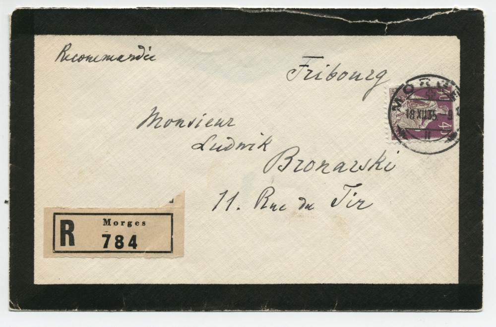 Lettre (avec enveloppe) adressée (en polonais) par Paderewski à Ludwik Bronarski, à Fribourg (Suisse), de Riond-Bosson le 16 décembre 1935