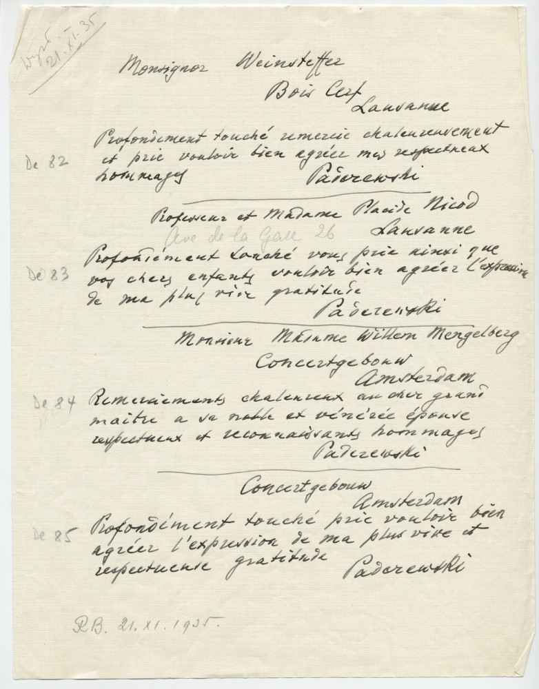 Brouillons de télégrammes adressés par Paderewski, entre août et novembre 1935 (1-5)