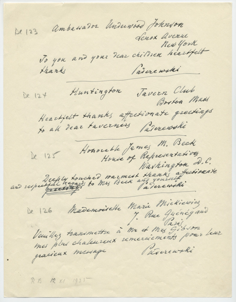 Brouillons de télégrammes adressés par Paderewski, entre août et novembre 1935 (16-20)