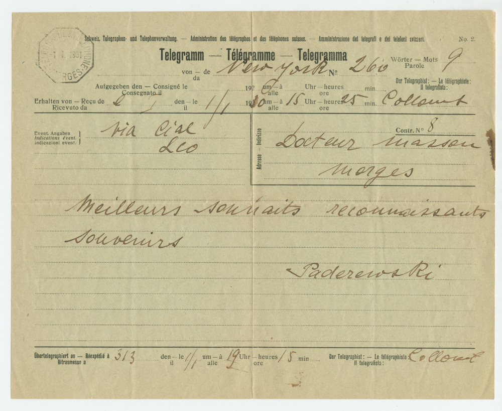 Télégramme adressé par Paderewski au Dr Raoul Masson, son médecin et ami, à Morges, de New York, en 1931