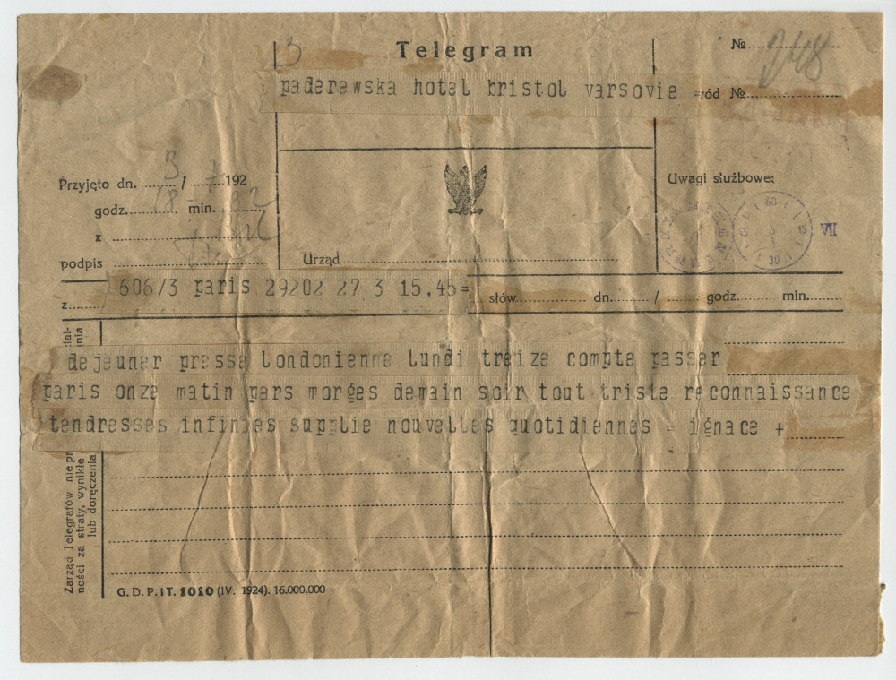 Télégramme adressé par Paderewski à Hélène Paderewska, à l'Hôtel Bristol de Varsovie, de Paris le 3 juillet 1925
