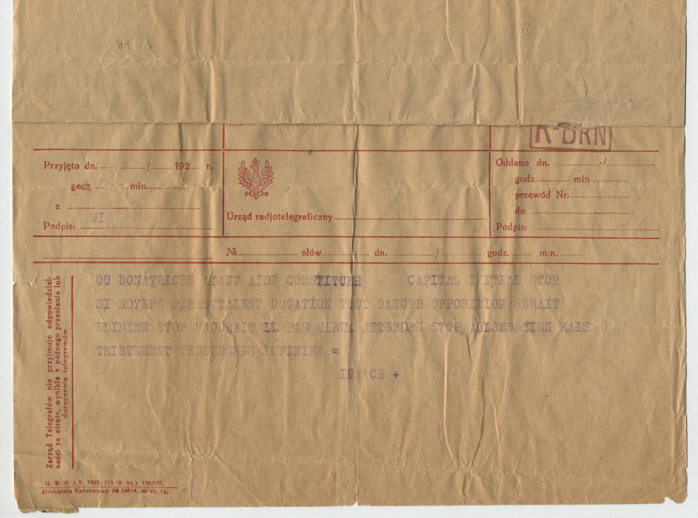 Télégramme adressé par Paderewski à Hélène Paderewska, à l'Hôtel Bristol de Varsovie, de Morges le 7 juillet 1925