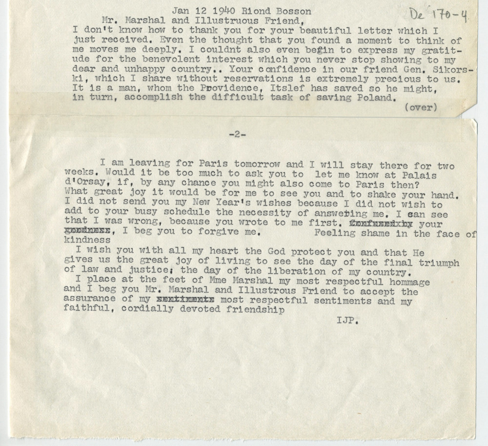 Traduction anglaise (dactylographiée) d'une lettre adressée par Paderewski en réponse au maréchal Pétain, le 12 janvier 1940