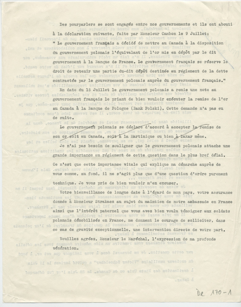 Lettre (dactylographiée, annotée et non signée) adressée par Paderewski au maréchal Pétain, le 28 août 1940