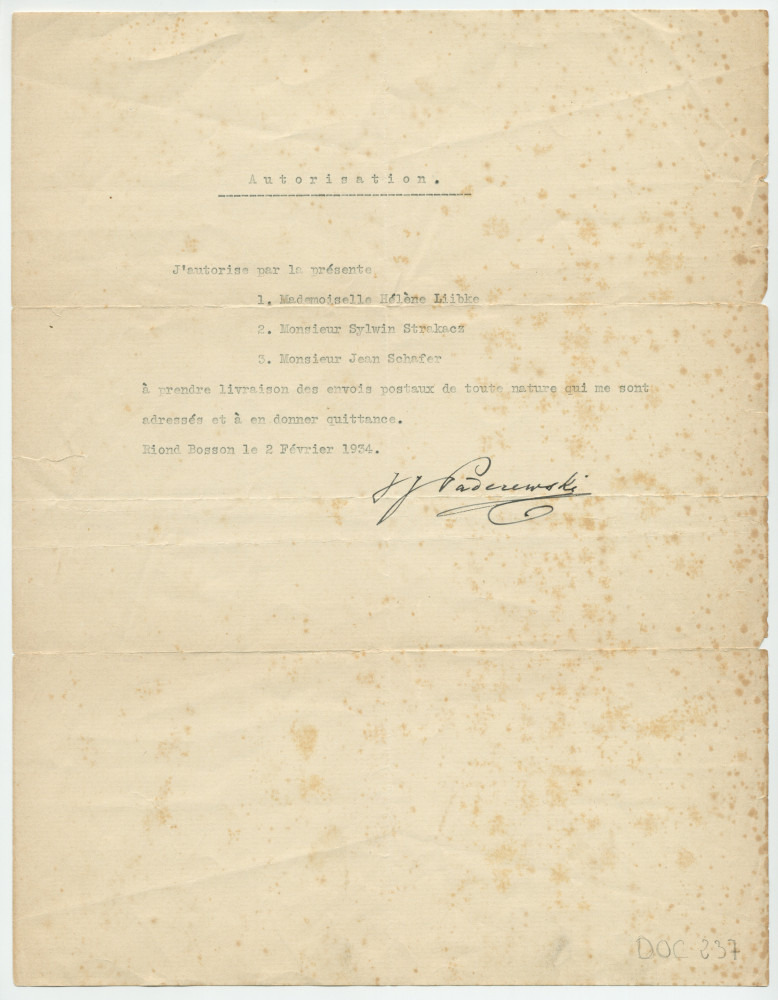 Lettre dactylographiée signée de Paderewski, adressée de Riond-Bosson le 2 février 1934 (sans doute) au Bureau des Postes de Tolochenaz, donnant autorisation à Hélène Lübke, Sylwin Strakacz et Jean Schafer «à prendre livraison des envois postaux…»