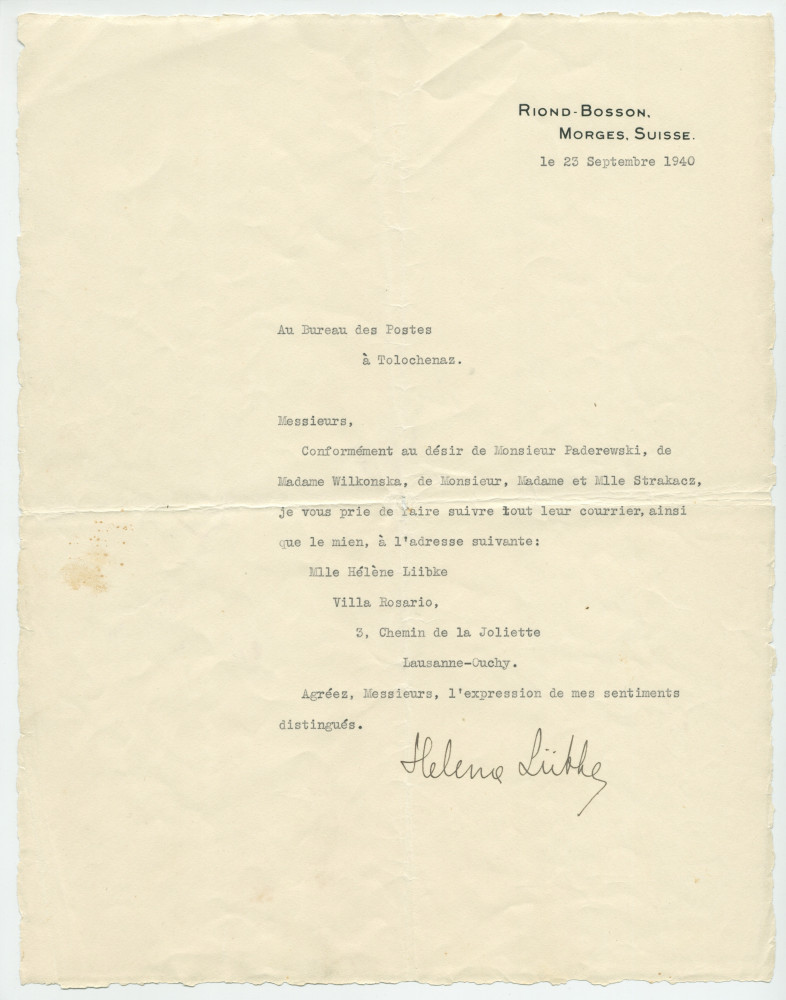 Lettre dactylographiée sur papier «I. J. P. Riond-Bosson» adressée par Hélène Lübke, ancienne secrétaire d'Hélène Paderewska, au Bureau des Postes de Tolochenaz au moment du départ pour l'Amérique, le 23 septembre 1940
