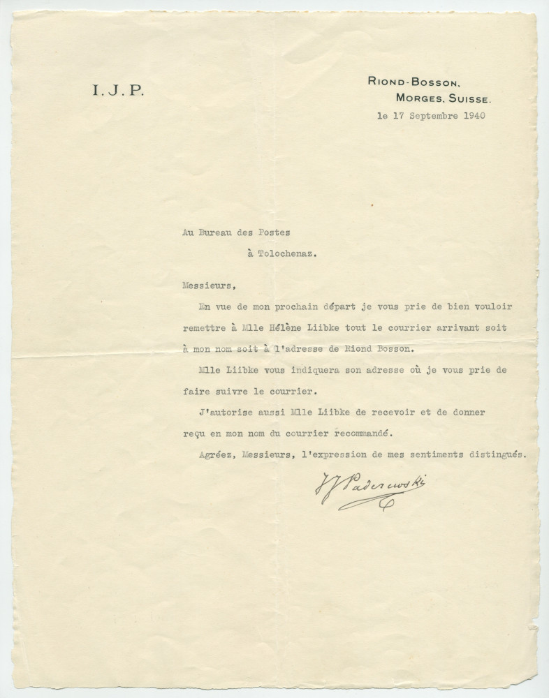 Lettre dactylographiée sur papier «I. J. P. Riond-Bosson» adressée par Paderewski au Bureau des Postes de Tolochenaz au moment du départ pour l'Amérique, le 17 septembre 1940