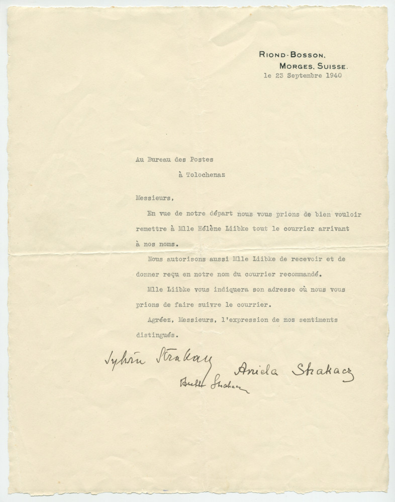 Lettre dactylographiée sur papier «I. J. P. Riond-Bosson» adressée par Sylwin Strakacz, secrétaire de Paderewski, son épouse Aniela et leur fille Anne («Anelka»), au Bureau des Postes de Tolochenaz au moment du départ pour l'Amérique, le 23 septembre 1940