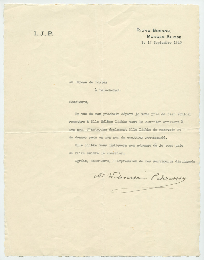 Lettre dactylographiée sur papier «I. J. P. Riond-Bosson» adressée par Antonina Wilkonska, sœur de Paderewski, au Bureau des Postes de Tolochenaz au moment du départ pour l'Amérique, le 17 septembre 1940