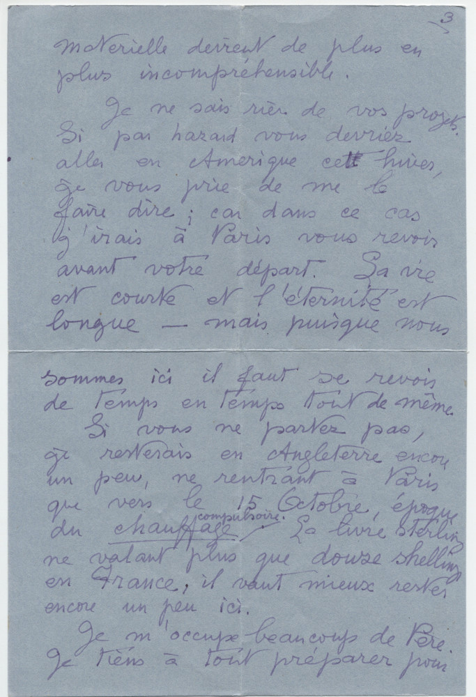 Lettre (avec enveloppe) adressée par Laurence [Alma-Tadema], 14 Hans Crescent à Londres, à Paderewski, à Riond-Bosson, le 6 septembre 1934