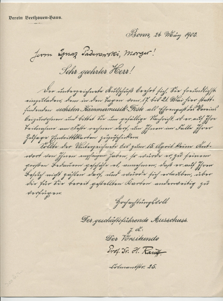 Lettre adressée par le «Vorsitzende» [président] du Verein Beethoven-Haus à Bonn, Prof. Dr. H. Rauff, à Paderewski, à Morges, le 24 mars 1903