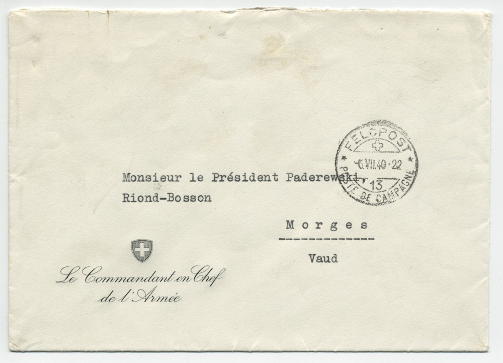 Lettre (avec enveloppe) adressée par le général Henri Guisan, commandant en chef de l'armée suisse, à «Monsieur le Président Paderewski» à Riond-Bosson, du quartier général de l'armée le 6 juillet 1940