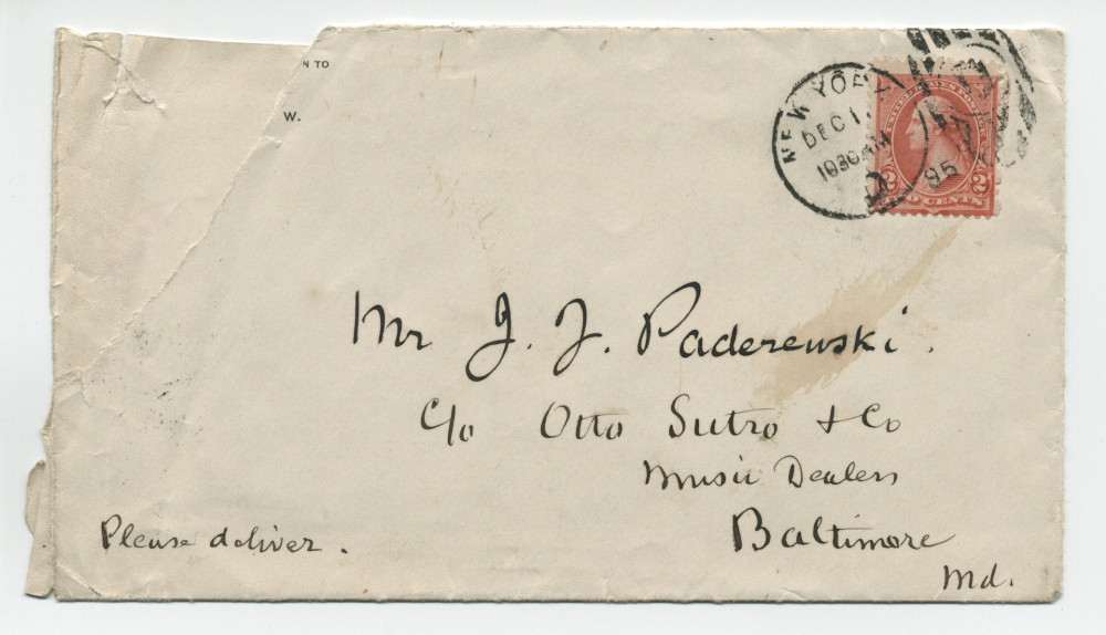 Lettre (avec enveloppe) adressée par William Mason, 29 Washington Sq. W. à New York, à «my dear friend» Paderewski, «c/o Otto Sutro & Co, Music Dealers, Baltimore», le 10 décembre 1895