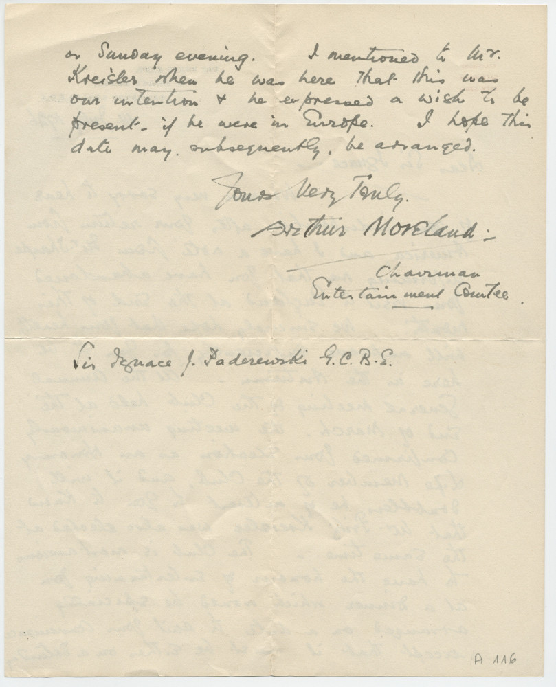 Lettre (avec enveloppe) adressée par Arthur Moreland, Chairman Entertainment Comitee du Press Club, St. Bride's House, Salisbury Square à Londres, à «Dear Sir Ignace», le 14 juillet 1926