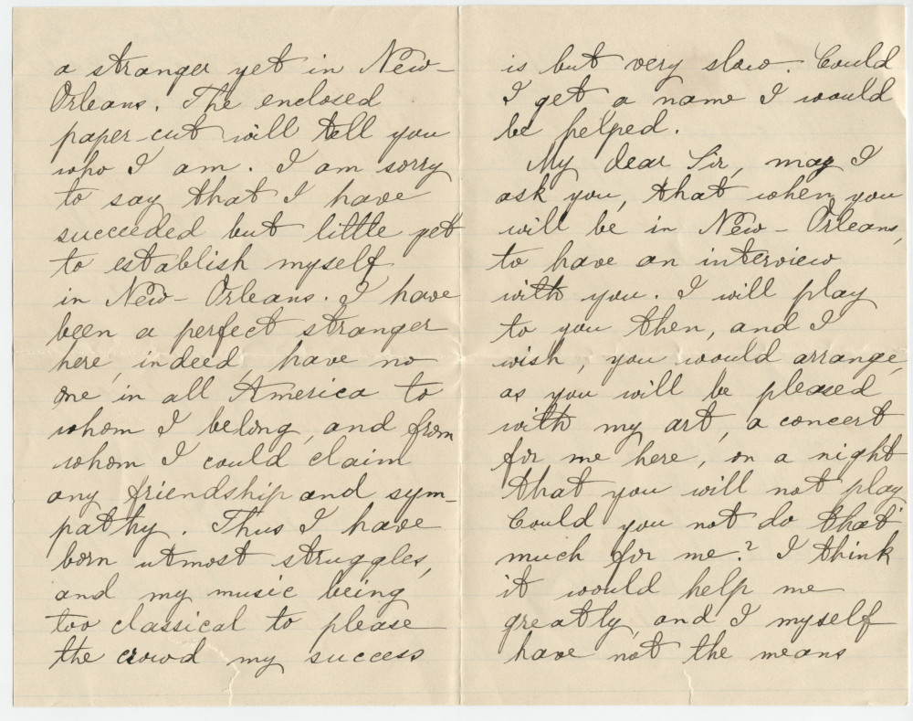 Lettre (avec enveloppe) adressée (en [mauvais] anglais) par Elizabeth Reiche à «Monsieur Paderewski, The renowed Pianist, New York», de La Nouvelle-Orléans le 30 décembre 1895