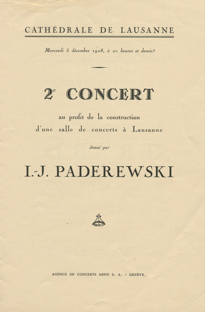 Libretto du récital Chopin donnée par Paderewski le 5 décembre 1928 à la Cathédrale de Lausanne au profit de la construction d'une salle de concerts à Lausanne (a-e)