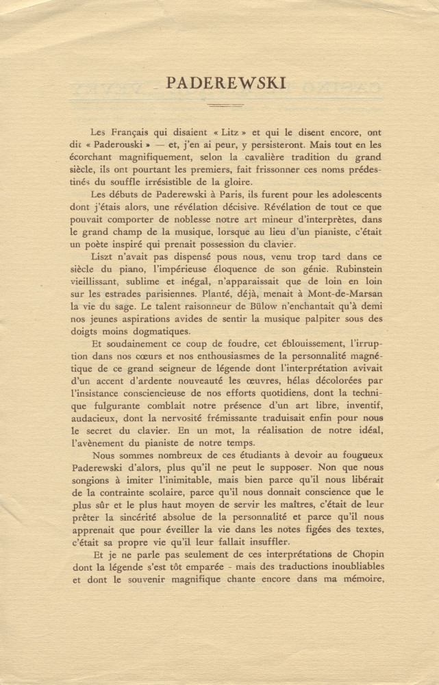 Libretto, billets et avertissement pour le récital donné par Paderewski le 9 novembre 1932 au Casino du Rivage de Vevey au profit de l'Œuvre de secours aux chômeurs de la ville de Vevey (a-e)