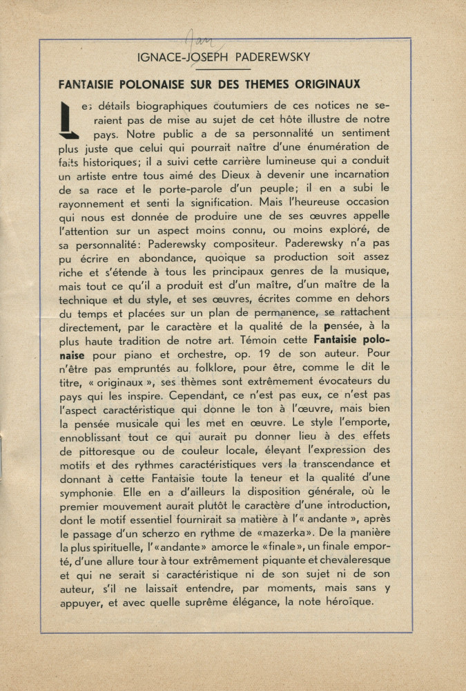 Libretto du premier concert d'abonnement de la saison lausannoise 1937-1938 de l'Orchestre Romand, donné le 11 octobre 1937 au Théâtre municipal sous la direction d'Ernest Ansermet, avec Ernest Schelling en soliste dans la «Fantaisie polonaise» de Pad.