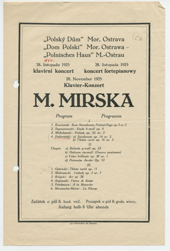 Programme du récital donné le 28 novembre 1925 à la Polsky Dum [Maison polonaise] d'Ostrava (en Moravie) par la pianiste [Maria] Mirska, interprète entre autres du «Thème varié» [op. 16 n° 3] et de la Sarabande [op. 14 n° 2] de Paderewski
