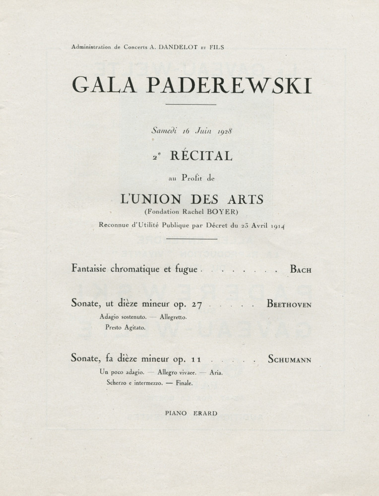 Libretto des trois récitals de gala donnés par Paderewski les 12, 16 et 23 juin 1928 au Théâtre des Champs-Elysées à Paris (f-j)