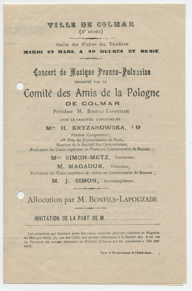 Programme du concert de musique franco-polonaise organisé le 29 mars 1940 à la Salle du Foyer du Théâtre de Colmar par le Comité des Amis de la Pologne de Colmar, avec le concours du violoniste M. Magadur et de la pianiste Hélène Kryzanowska