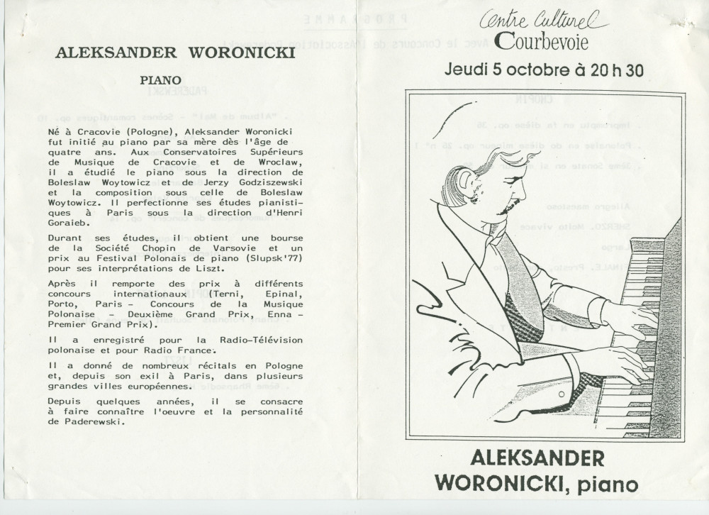 Programme du récital donné le 5 octobre 1989 au Centre culturel de Courbevoie par le pianiste Aleksander Woronicki – avec article de présentation illustré