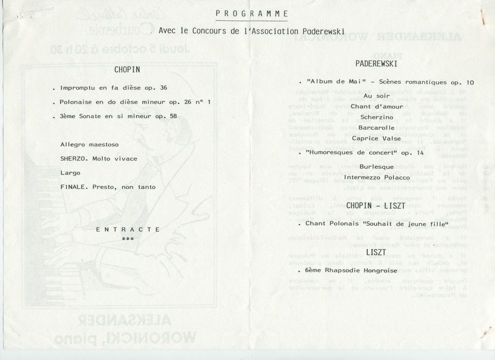 Programme du récital donné le 5 octobre 1989 au Centre culturel de Courbevoie par le pianiste Aleksander Woronicki – avec article de présentation illustré