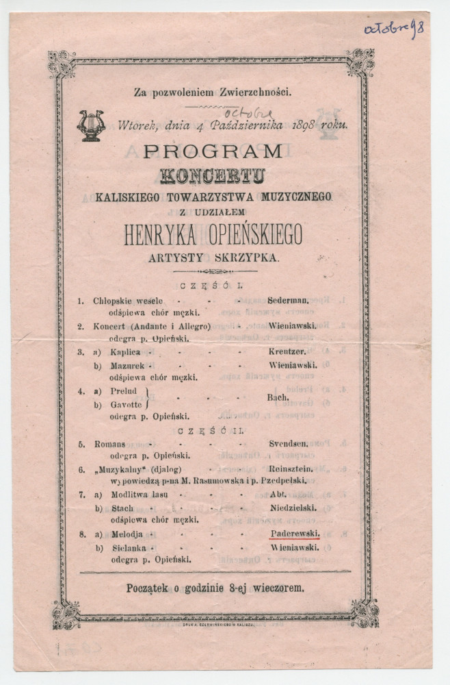 Programme (en polonais et en russe) du récital de violon donné le 4 octobre 1898 à Kalisz par Henryk Opienski, interprète notamment d'une mélodie de Paderewski