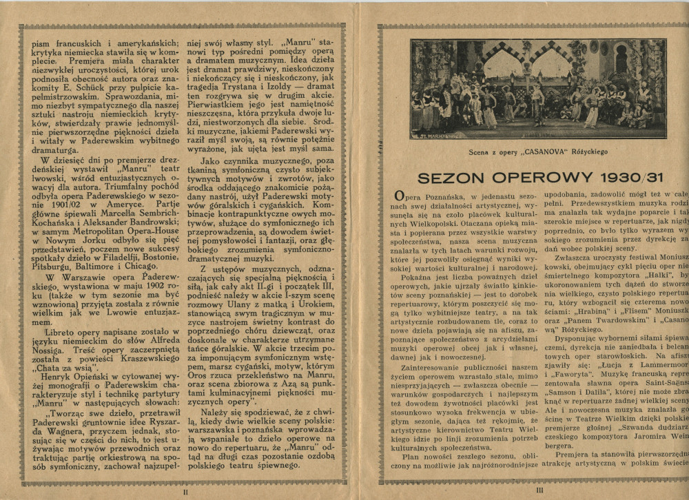 Programme de la représentation de l'opéra «Manru» de Paderewski le 27 septembre 1930 au Teatr Wielki [Grand Théâtre] de Poznan, sous la direction de Zygmunt Wojciechowski, avec Stanislas Drabik en Manru et Marja Bojar-Przemieniecka en Ulana (f-i)
