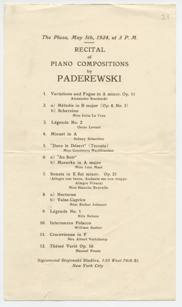 Programme du récital Paderewski donné par des élèves de Zygmunt Stojowski le 5 mai 1924 à New York