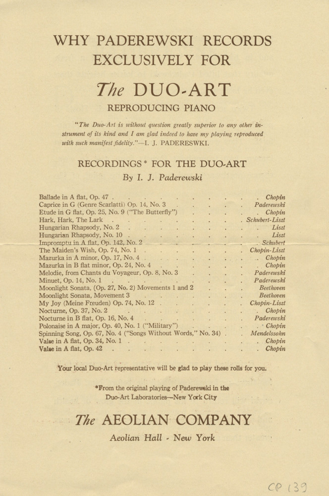 Libretto (en deux parties) du récital Chopin donné par Paderewski le 21 mars 1926 à l'Exposition Auditorium de San Francisco (Californie) (h-j)