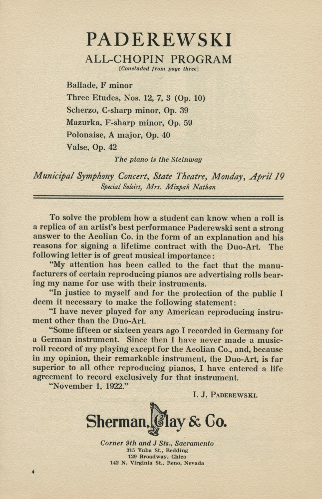 Libretto du récital Chopin donné par Paderewski le 12 avril 1926 au State Theatre de Sacramento (Californie)