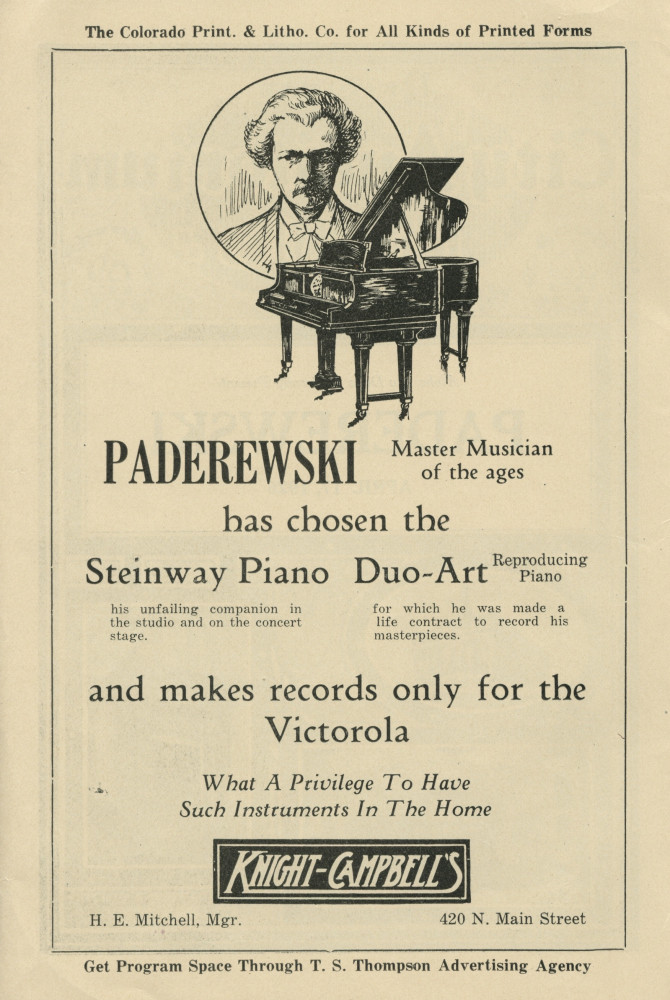Libretto du récital Chopin donné par Paderewski le 17 avril 1926 au City Auditorium de Pueblo (Colorado)