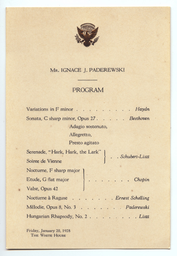 Programme et laisser-passer du récital donné par Paderewski à la Maison Blanche (Washington) le 20 janvier 1928