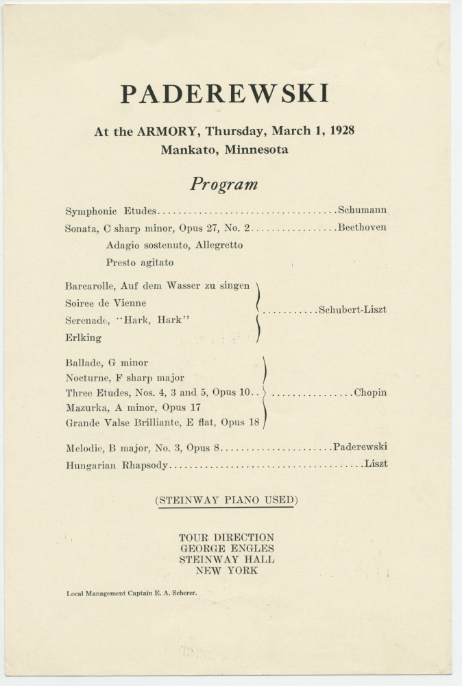 Programme du récital donné par Paderewski le 1er mars 1928 à l'Armory de Mankato (Minnesota)