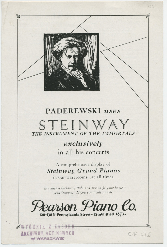 Programme du récital donné par Paderewski le 1er avril 1928 au Murat Theatre d'Indianapolis (Indiana)