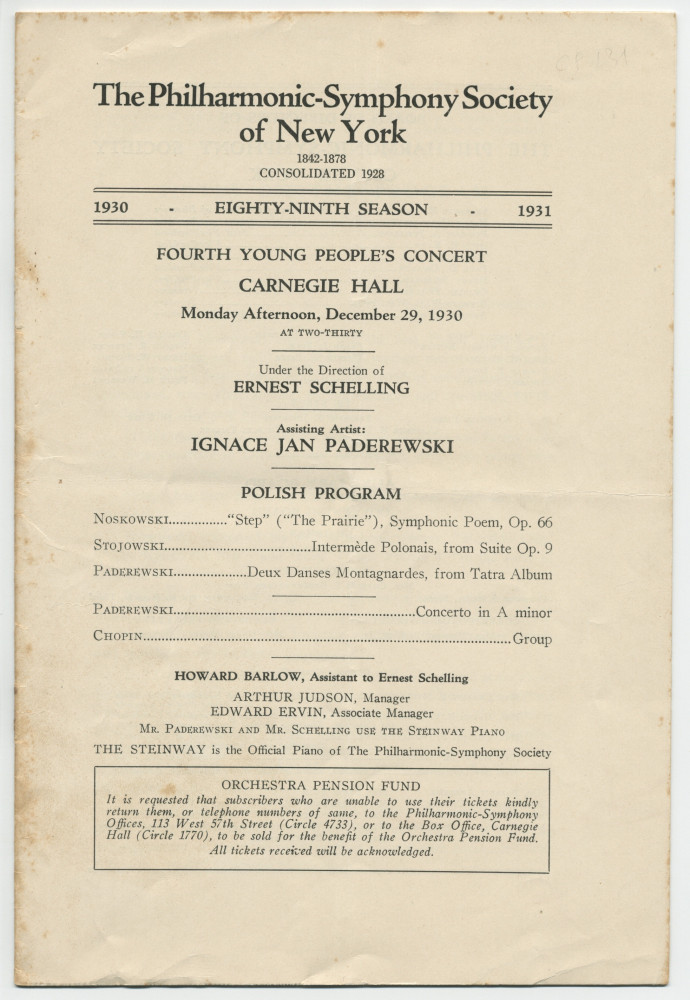 Libretto du 4e Young People's Concert donné le 29 décembre 1930 au Carnegie Hall de New York par Ernest Schelling (direction), avec entre autres au programme le Concerto pour piano de Paderewski (avec le compositeur en soliste) (a-h)
