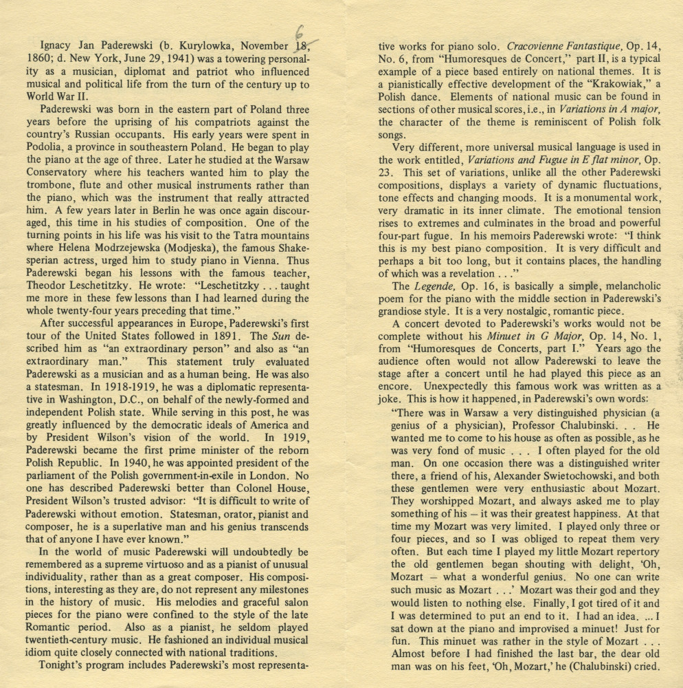 Programme du récital Paderewski donné le 2 décembre 1977 à la Kosciuszko Foundation de New York, 15 East 65 Street, par la mezzo-soprano Elizabeth Patches et le pianiste Pawel Checinski, dans le cadre des «Birthday Concerts» (avec programme général)