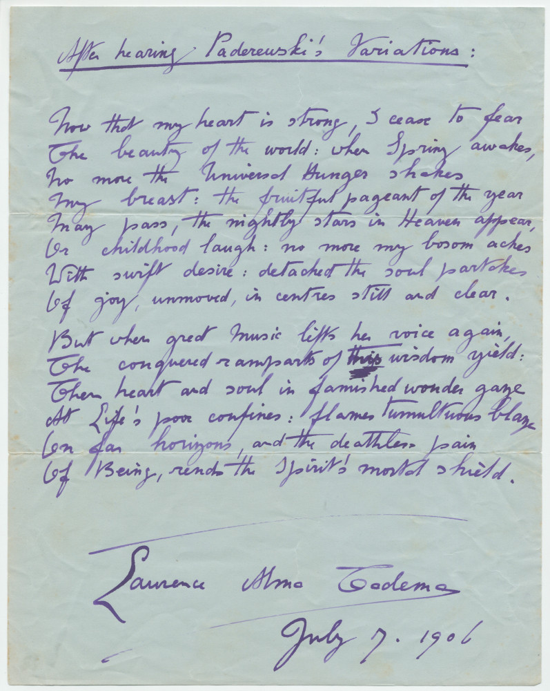 «After hearing Paderewski's Variations» – Poème manuscrit en anglais rédigé le 7 juillet 1906 par Laurence Alma-Tadema (avec saisie dactylographiée)