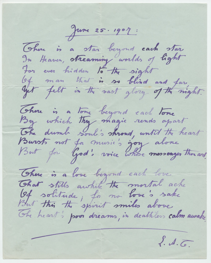«There is a star…» – Poème manuscrit en anglais rédigé le 25 juin 1907 par Laurence Alma-Tadema (avec saisie dactylographiée)