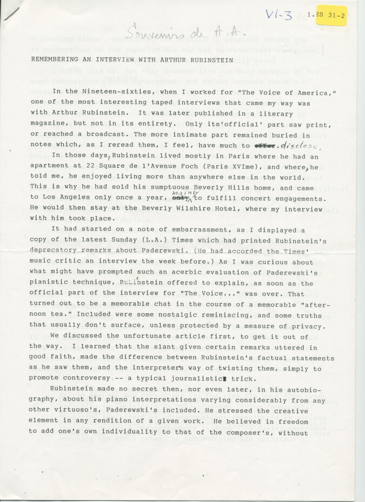 «Remembering an interview with Arthur Rubinstein» – Souvenirs anglais dactylographiés d'Anne Appleton-Strakacz (fille du secrétaire de Paderewski), mélangés (!) à une traduction française partielle de Françoise Fuchss