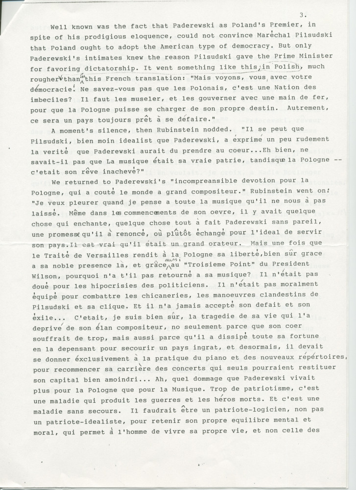 «Remembering an interview with Arthur Rubinstein» – Souvenirs anglais dactylographiés d'Anne Appleton-Strakacz (fille du secrétaire de Paderewski), mélangés (!) à une traduction française partielle de Françoise Fuchss