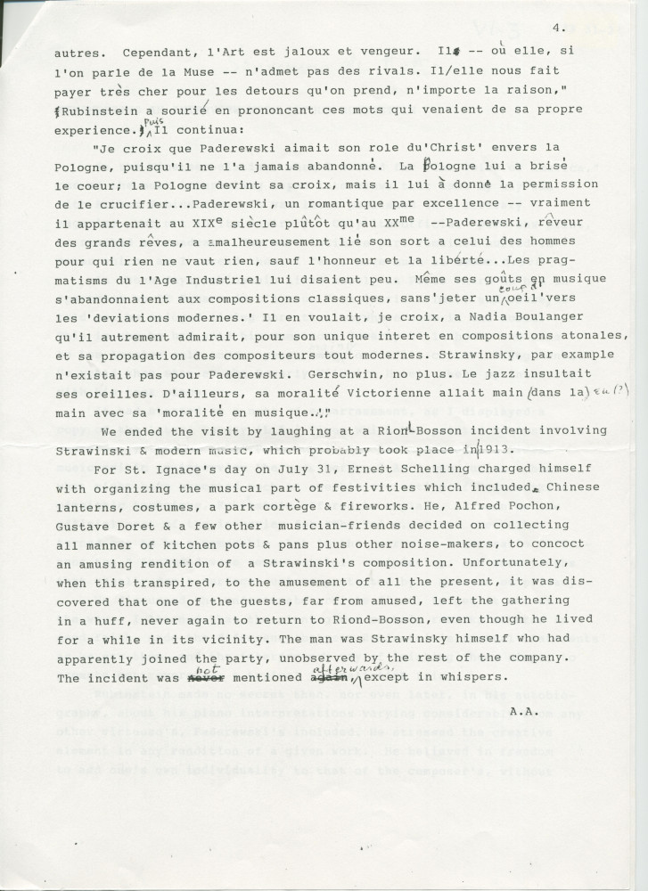«Remembering an interview with Arthur Rubinstein» – Souvenirs anglais dactylographiés d'Anne Appleton-Strakacz (fille du secrétaire de Paderewski), mélangés (!) à une traduction française partielle de Françoise Fuchss