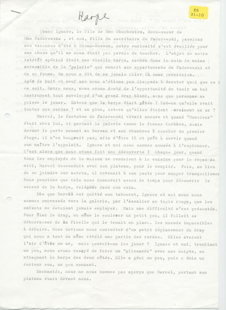 «Le mystère de la harpe» – Récit dactylographié d'Anne Appleton-Strakacz (fille du secrétaire du maître), sans références, traduit en français par Françoise Fuchss