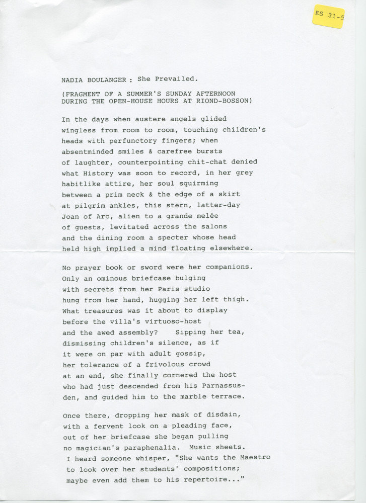 «Nadia Boulanger: She Prevailed – Fragment of a summer's Sunday afternoon during the open-house hours at Riond-Bosson» [Nadia Boulanger: elle prévalait – Fragment d'un après-midi d'été durant les portes ouvertes de Riond-Bosson]