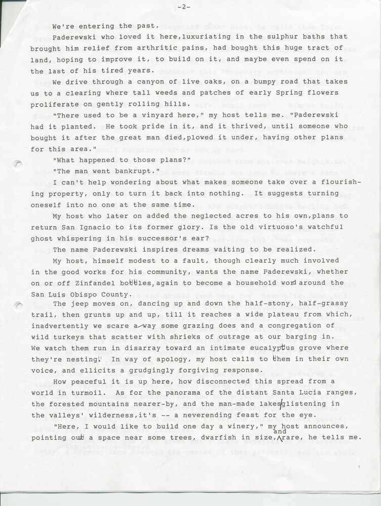 «Paderewski at Chimney Rock Ranch (Spring of 1993)» – Récit dactylographié d'Anne Appleton-Strakacz (fille du secrétaire du maître) sur Paso Robles, écrit et/ou publié probablement au printemps 1993