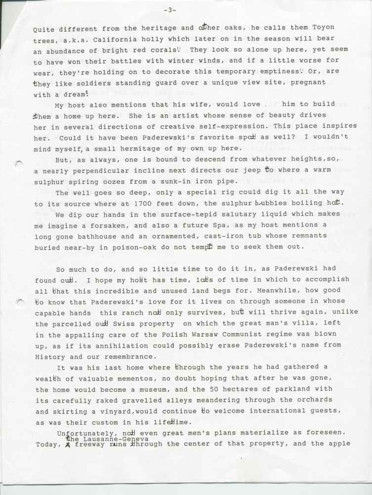 «Paderewski at Chimney Rock Ranch (Spring of 1993)» – Récit dactylographié d'Anne Appleton-Strakacz (fille du secrétaire du maître) sur Paso Robles, écrit et/ou publié probablement au printemps 1993